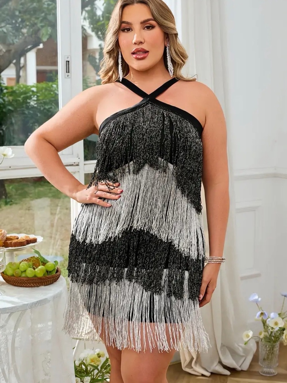 Black & Silver Fringe Halter Dress